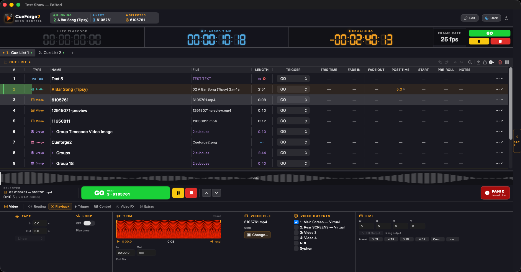 The CueStudio window during a show: a cue list containing text, audio, video, image and group cues, with cue 2 running, LTC and elapsed clocks above it, and the playback inspector open below.